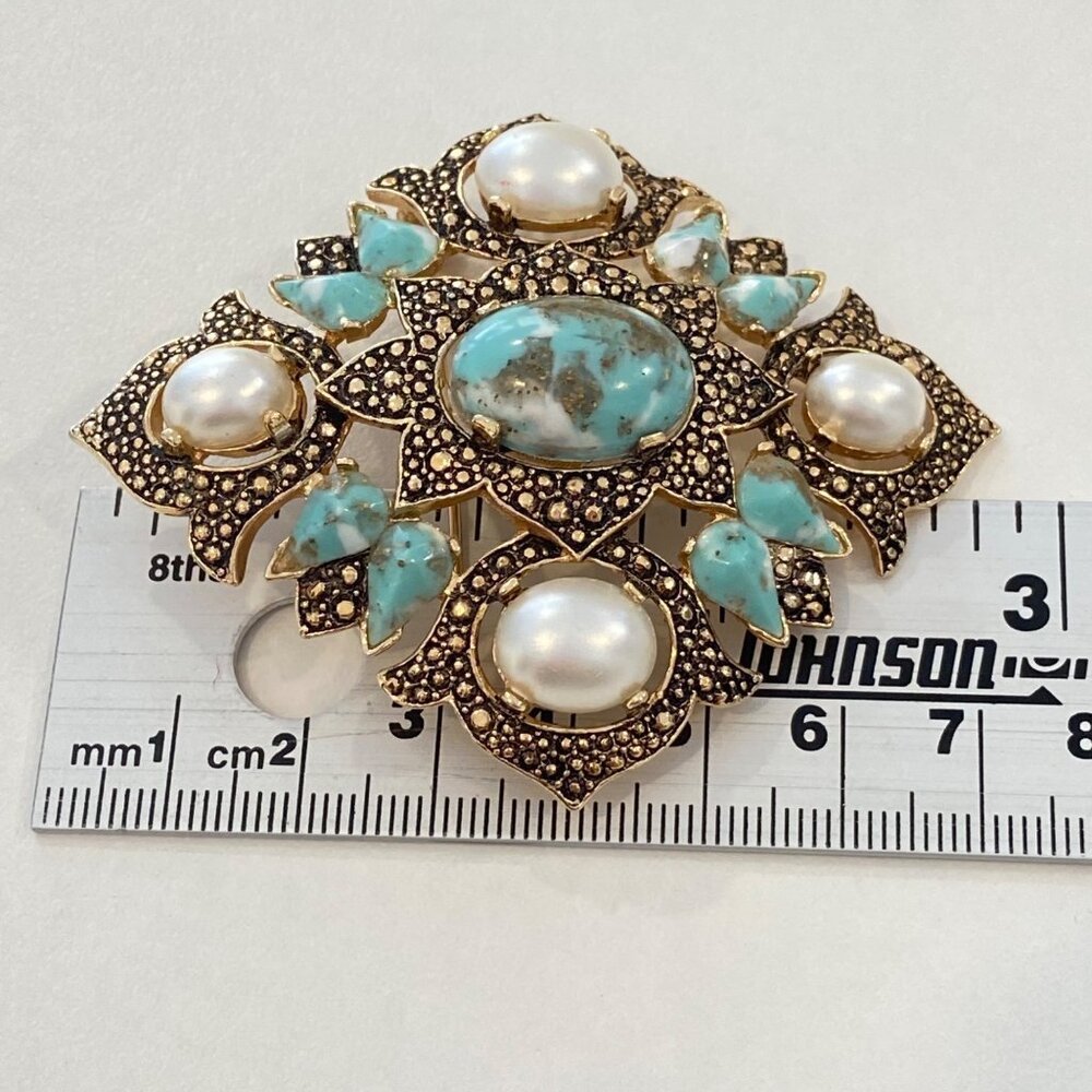 Vintage Sarah Coventry Turquoise & Pearl Clip-On Earrings With Matching Brooch - Picture 7 of 11